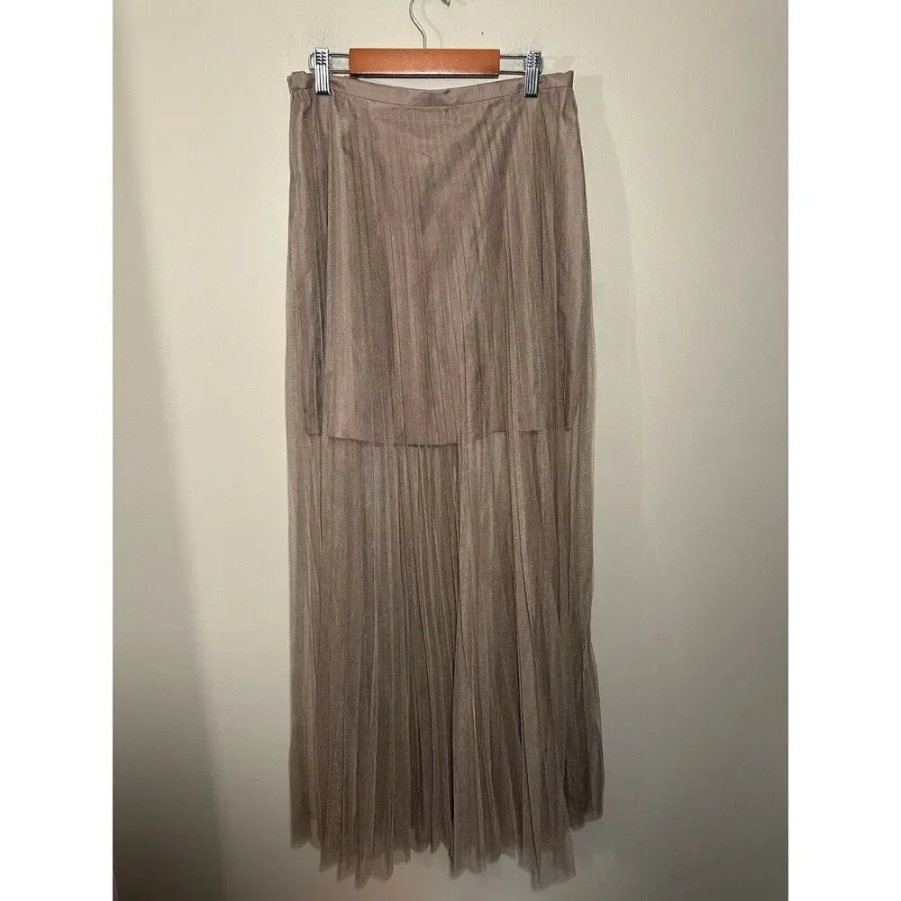 Silvian Heach Sheer‎ Long Skirt Lined Pleated Women’s Size Small Dark Tan